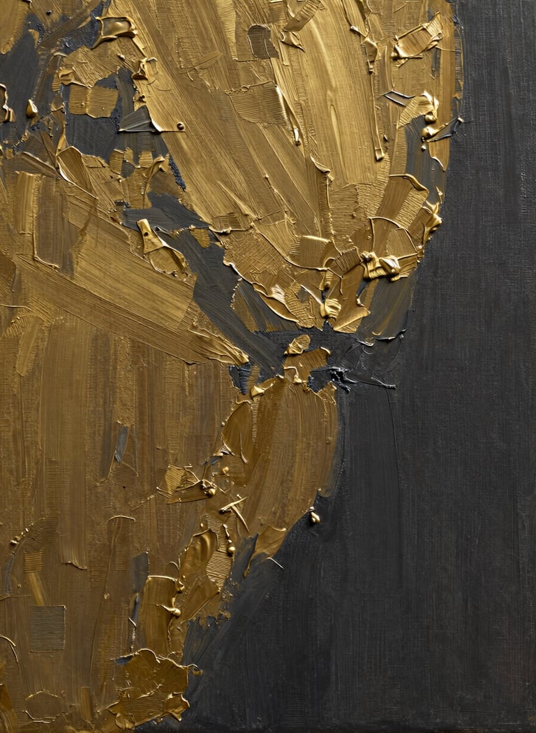 A high-detail macro photograph of a contemporary painting in an International / Global Art Scene gallery. The canvas shows rich textures with strokes of Bronze Gold and Deep Charcoal. Soft studio lighting highlights the impasto technique.