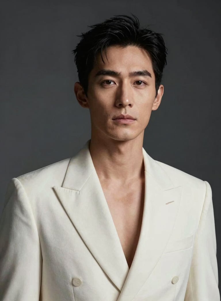 A vertical cinematic portrait of a male model wearing a structured soft off-white designer jacket against a deep slate grey studio background. High-contrast lighting highlights his facial structure, with a focus on a sharp, professional gaze. Cinematic high-key photography style.