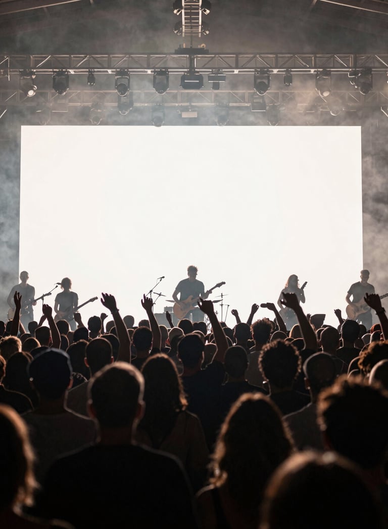 Atmospheric wide shot of a crowd at a Western European music venue, silhouetted against a bright off-white stage glow. Hazy muted gray smoke fills the air above the audience. Professional photography capturing live music energy.