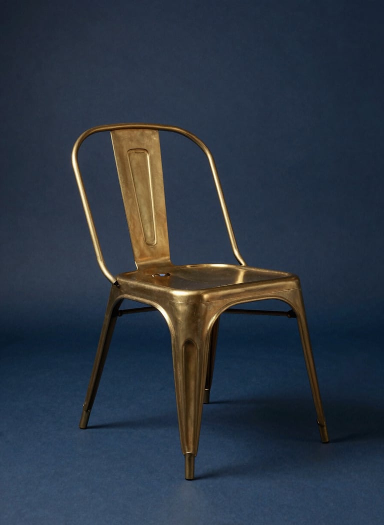 A high-fashion set design featuring a minimalist sculptural chair made of gold metal against a dark blue backdrop. Soft, professional studio lighting highlighting clean lines and sophisticated textures in a Western European studio.