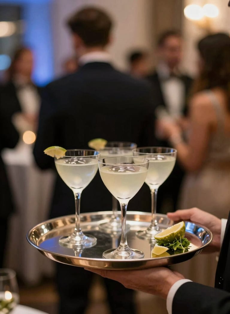 An elegant vertical shot of a designer cocktail tray at a high-end corporate event. The lighting is warm and sophisticated, highlighting the glassware and garnishes. The background shows blurred silhouettes of guests in evening attire, incorporating the #20232B and #F7F5F0 brand palette through the decor and lighting.