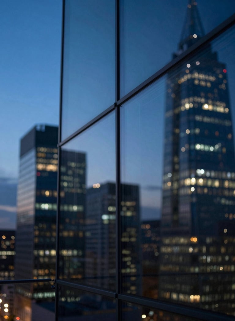 Extreme close-up of a glass facade reflecting city lights at twilight. Deep blue tones (#4A616F) and sharp highlights (#F2F5F7). Cinematic texture with shallow depth of field.