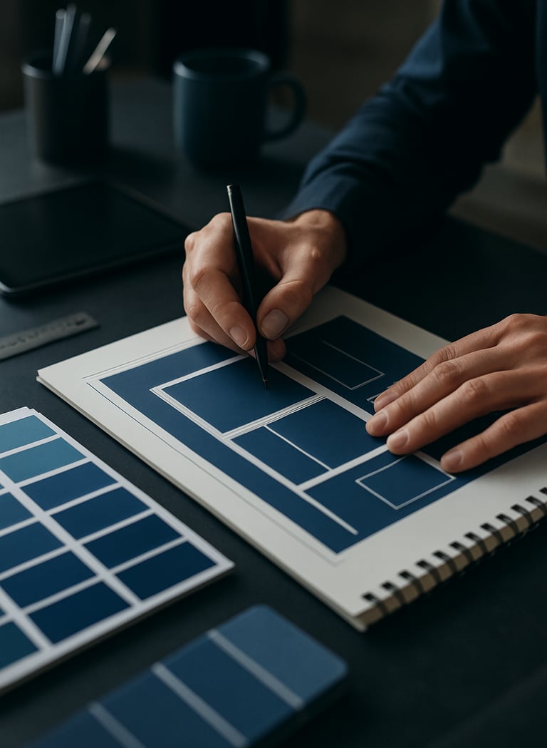 Close-up photography of a designer's hands working on a layout for an e-book in a sophisticated South American studio, soft focus on professional tools, color palette of deep navy and steel blue.