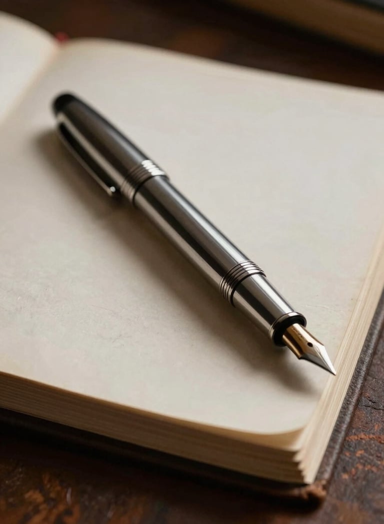 A close-up shot of a vintage silver fountain pen resting on a stack of cream-colored thick manuscript paper. The lighting is low and atmospheric, casting deep espresso-colored shadows and highlighting the metallic texture of the pen. The setting is a quiet, scholarly desk.