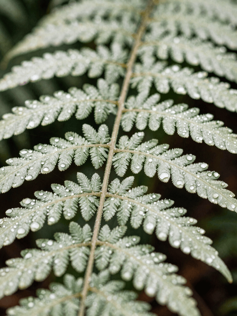 Close-up photography of a dew-covered fern leaf in a North American / US forest, sharp focus on texture, soft natural lighting, sage green and off-white highlights.
