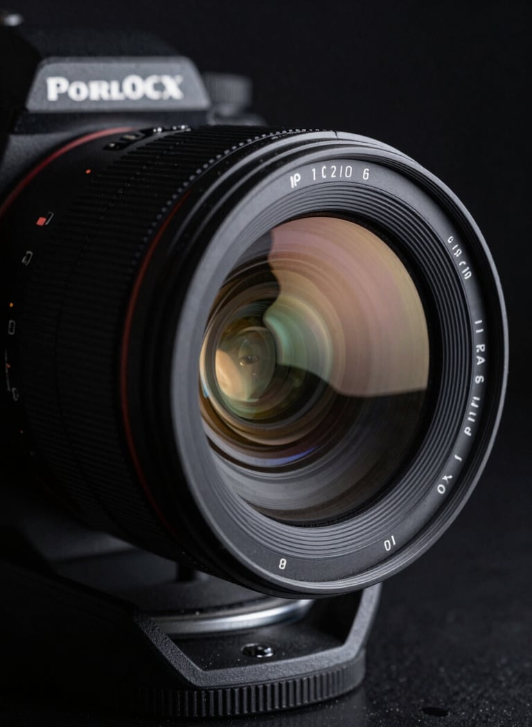 A close-up of a high-end professional camera lens reflecting a North American / US film set. The lighting is dramatic and high-contrast, featuring deep black shadows and cool grey highlights, capturing a sophisticated cinematic mood.