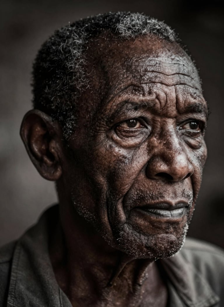 A close-up, high-contrast portrait of an elderly Angolan man, his face telling a story of decades, cinematic side-lighting, deep black and charcoal grey shadows, artistic documentary style.