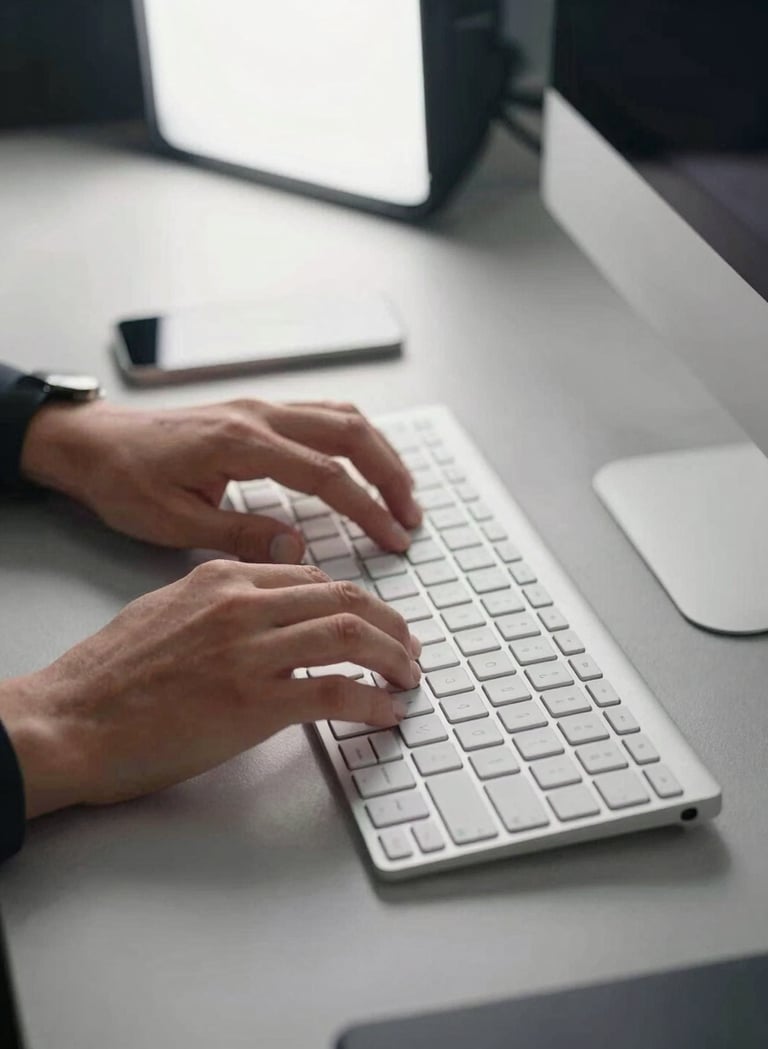 A close-up photograph of a professional designer's hands interacting with a minimalist computer keyboard in a modern North American / US office. The workspace features soft light grey surfaces and deep black accents, with professional soft-box lighting.