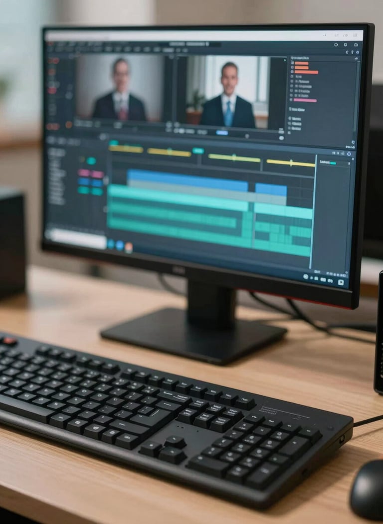 A close-up shot of a professional video editing console and high-end keyboard. The computer monitor in the background shows a timeline of a corporate presentation with teal and charcoal color grading. Professional studio lighting with soft sand ambient tones.
