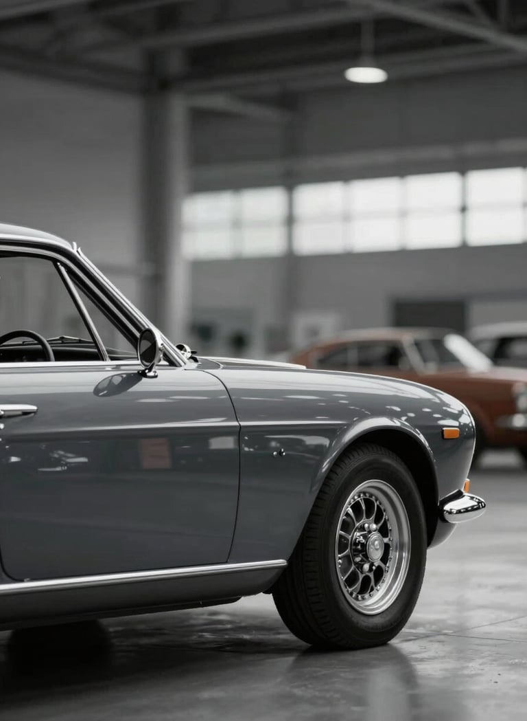 A close-up side profile of a vintage 1960s sports car in a deep charcoal gray. The lighting is cinematic, highlighting the metallic curves and chrome accents. The background is a blurred airport hangar with subtle #5D6D7E and #1C2833 tones. Sophisticated and sharp focus.