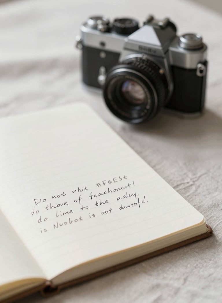Close-up of a vintage film camera and a handwritten journal on a linen cloth. Soft morning shadows, minimalist and nostalgic feel, incorporating tones of #F8F4F0 and #8F6E5F.
