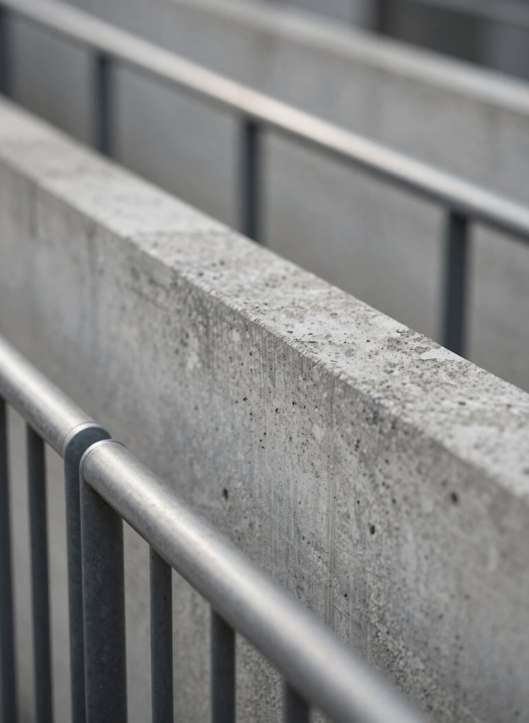 A close-up shot of weathered concrete textures and metallic railings in an urban environment. Soft, diffused morning light. The aesthetic is contemporary and clean, using a palette of #2F363F and #D0D5DB.