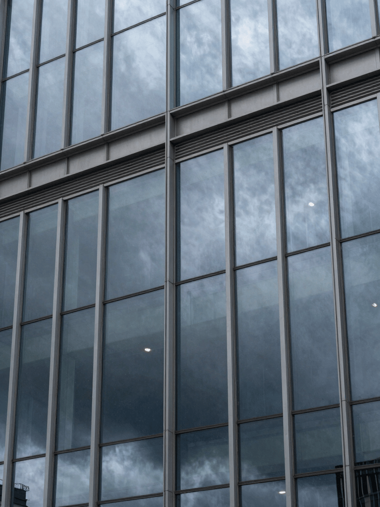 Close-up architectural photography of a modern, glass-facade building reflecting a storm sky. The palette is dominated by slate grey and cool blue tones. High-quality professional shot with clean geometric lines. International / Western city.