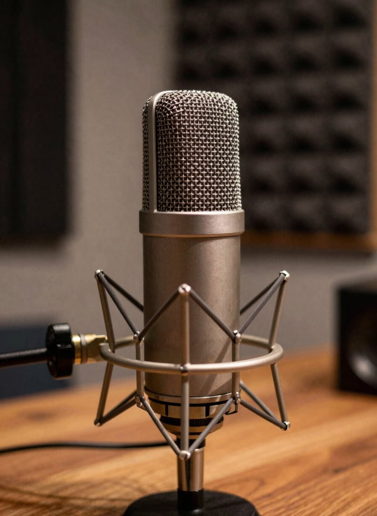 A close-up photograph of a professional condenser microphone in a cozy, dimly lit studio. Warm light accents the metallic texture of the microphone, with soft-focus charcoal acoustic panels and a warm brown wooden desk in the background.