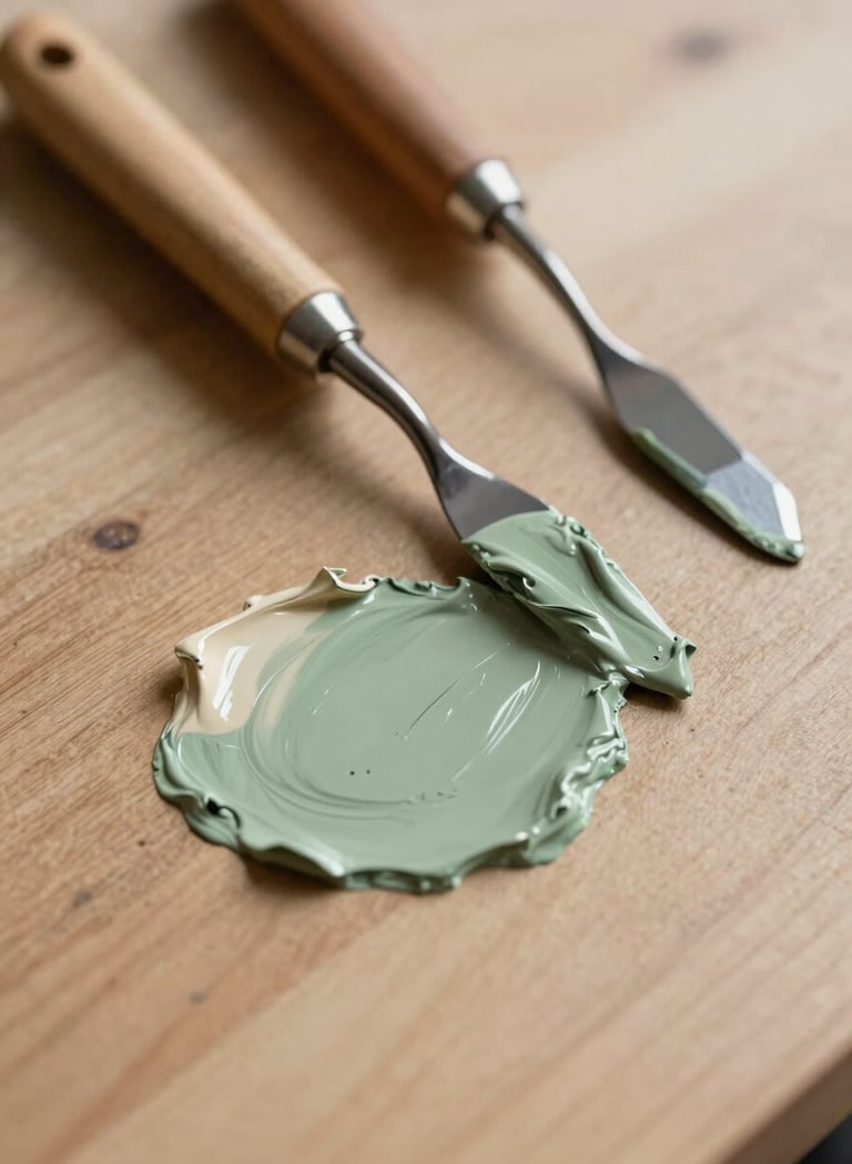Macro photography of an artist's workspace in the US. Several palette knives are coated with thick, textured sage green and cream acrylic paint. The lighting is warm and directional, showing the fine detail of the pigment on a tan wooden surface.