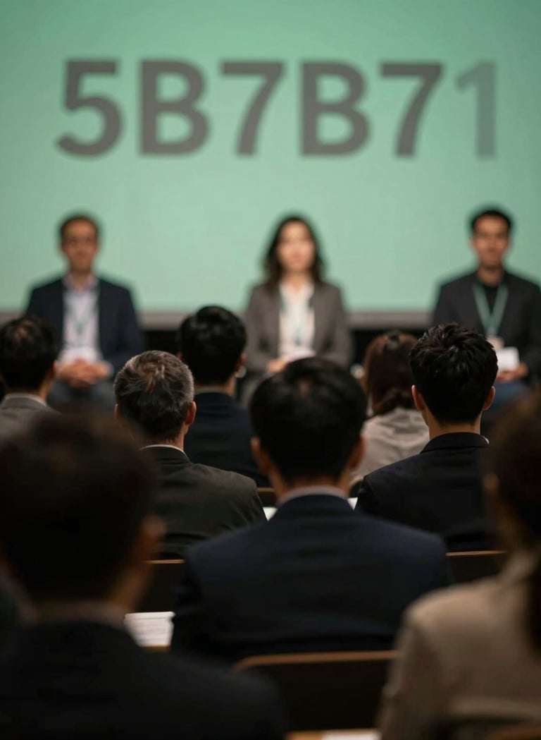 A sophisticated documentation of a public symposium, showing blurred silhouettes of speakers against a backdrop of soft green lighting #5B7B71, conveying intellectual discourse and refined cultural programming.