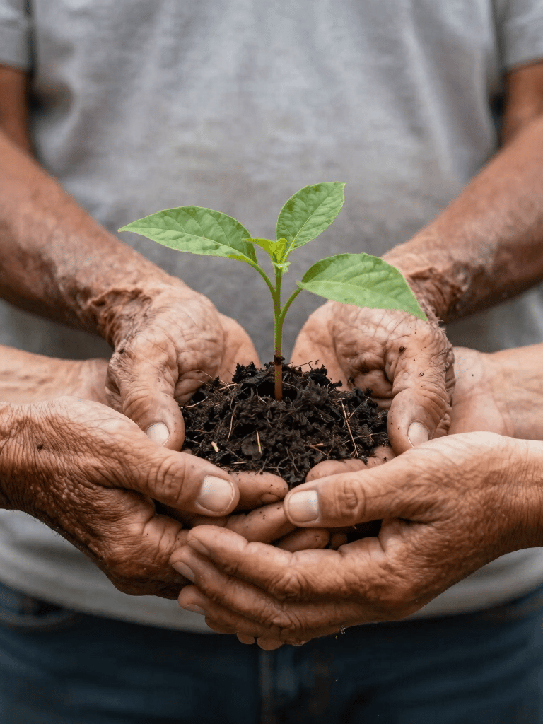 Photography of elderly hands and younger hands holding a small seedling together, South American / Colombian rural setting, soft natural light, symbolizing community.