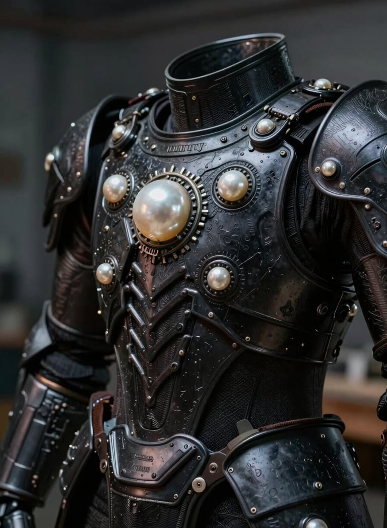 A close-up macro photograph of a high-tech armor prop in a North American / US workshop. The piece features intricate textures in charcoal black and pearl, illuminated by cinematic studio lighting with deep slate shadows.