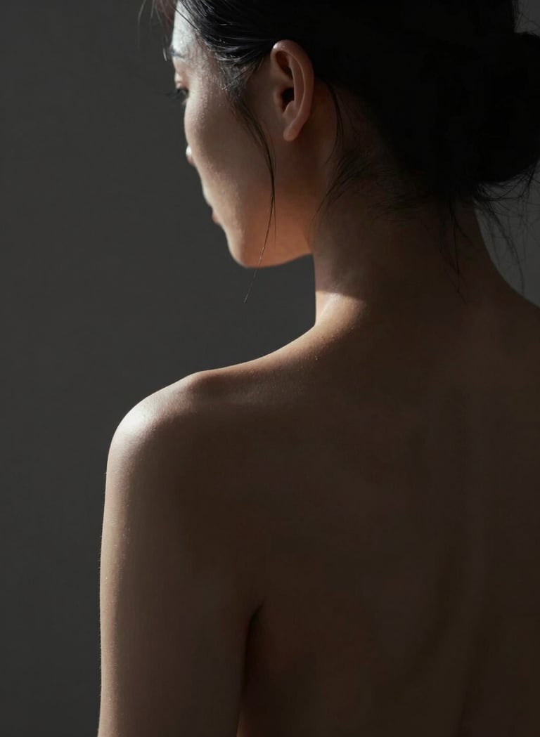 A fine art portrait in extreme chiaroscuro. The subject's back is visible, with light grazing the spine and shoulder blade, creating a sculptured effect. Background is deep charcoal #1F1E1C. The light has a warm, intimate #F5F2EF glow. Sophisticated and emotive composition.