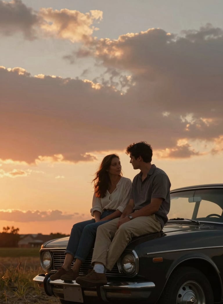 A warm, cinematic photograph of a North American / US couple sitting on the hood of a vintage charcoal black car at sunset. The sky is filled with terracotta and soft off-white clouds. The composition is intimate, showcasing a real-world connection in a peaceful, sun-drenched environment.