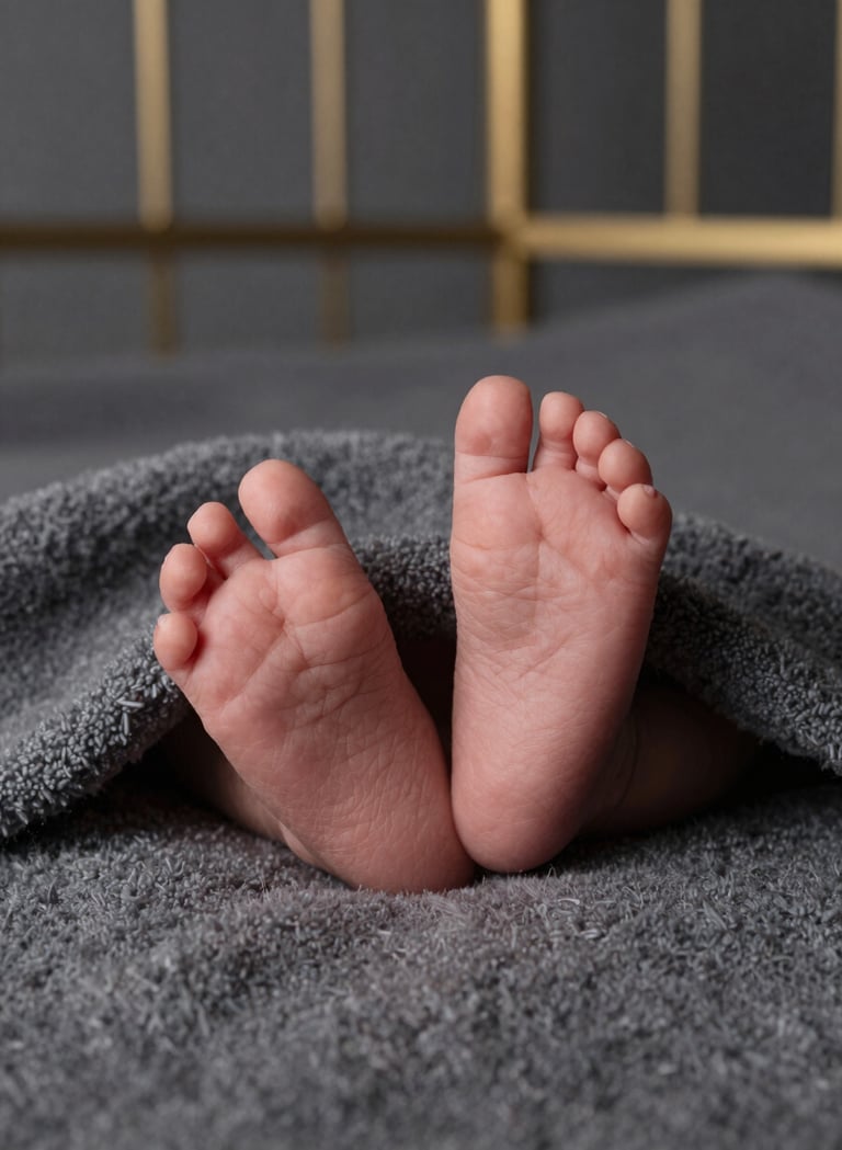 A close-up artistic photograph of a newborn baby's tiny feet resting on a soft charcoal grey textured blanket. The lighting is soft and directional, highlighting the delicate skin. The background is a minimalist Turkish / Istanbul studio interior with subtle metallic gold accents.