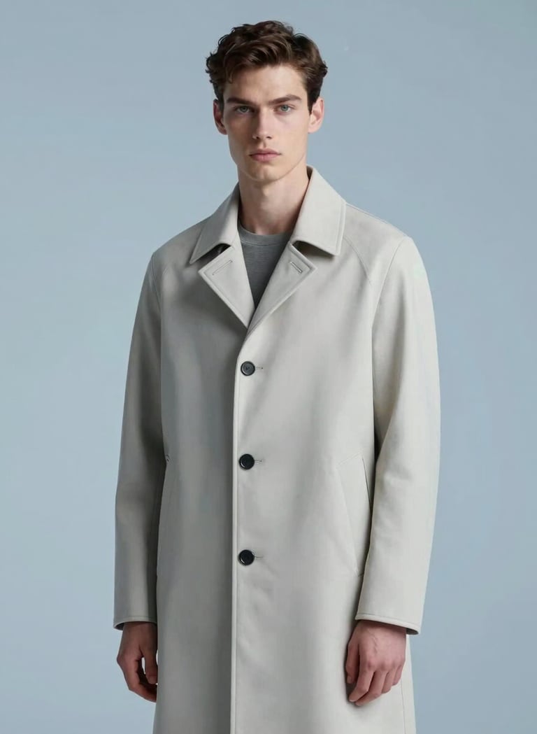 A high-fashion shot of a man in a structured minimalist coat, clean studio background with soft #3D5A80 blue lighting shadows, hyper-realistic texture, modern art aesthetic.