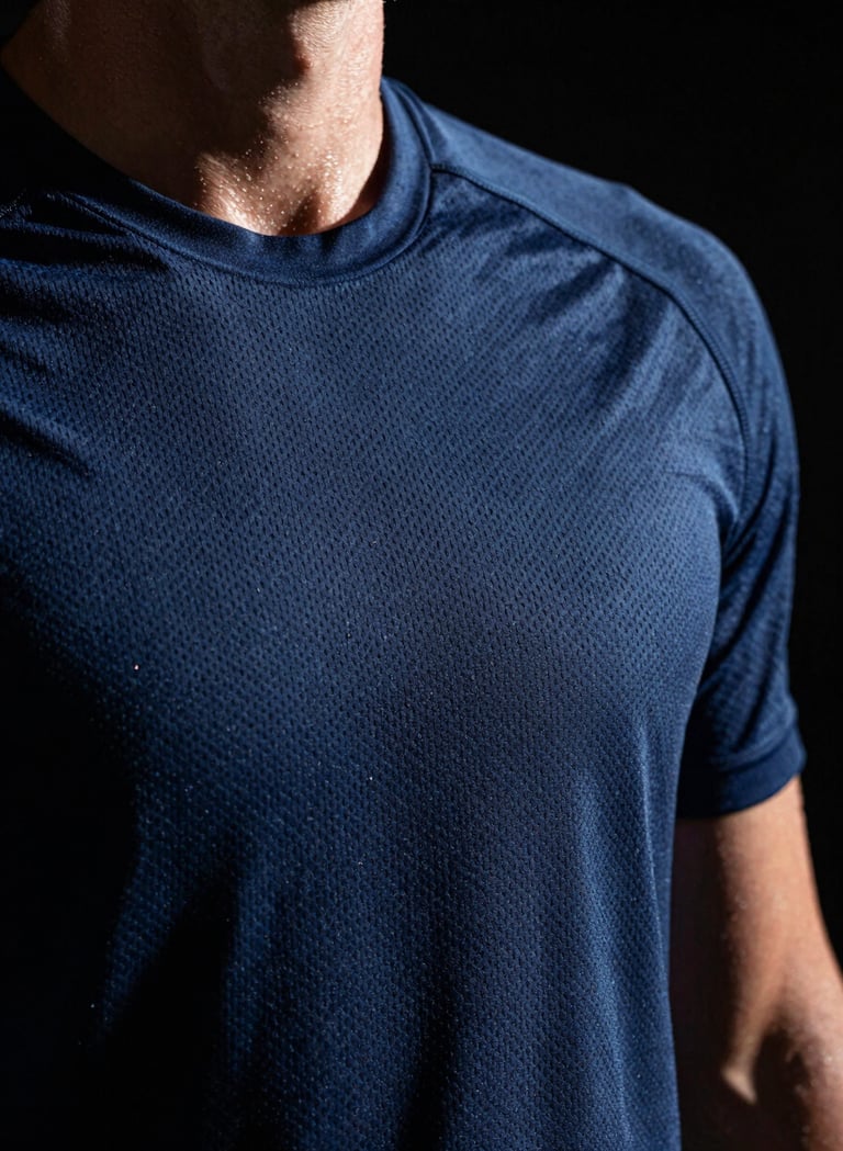 A close-up photograph of an athlete's textured dark blue mesh jersey, capturing the intricate weave pattern and droplets of sweat. Dramatic side lighting creates high contrast against a black background. Professional sports photography, Western / International context.