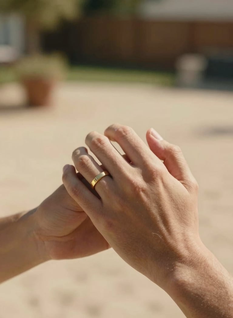 A close-up, cinematic photograph of two hands interlocked, showing a simple gold band on a finger. The lighting is warm and sun-drenched, captured in a North American backyard setting with soft sand colored bokeh in the background.