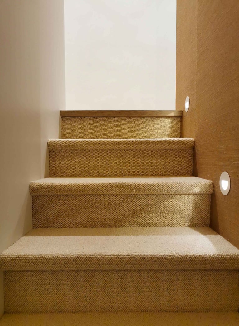 Modern staircase with neutral textured carpet, recessed wall lighting, and natural wood trim.