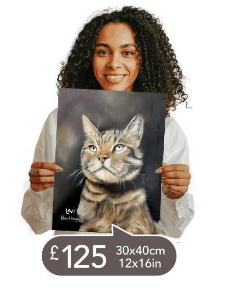 a woman holding a oil painting of a cat's portrait size 45cm x 30cm only £125