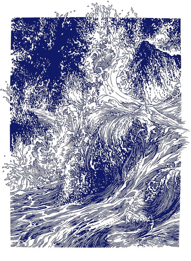 Linogravure, estampe originale,  représentant des vagues.