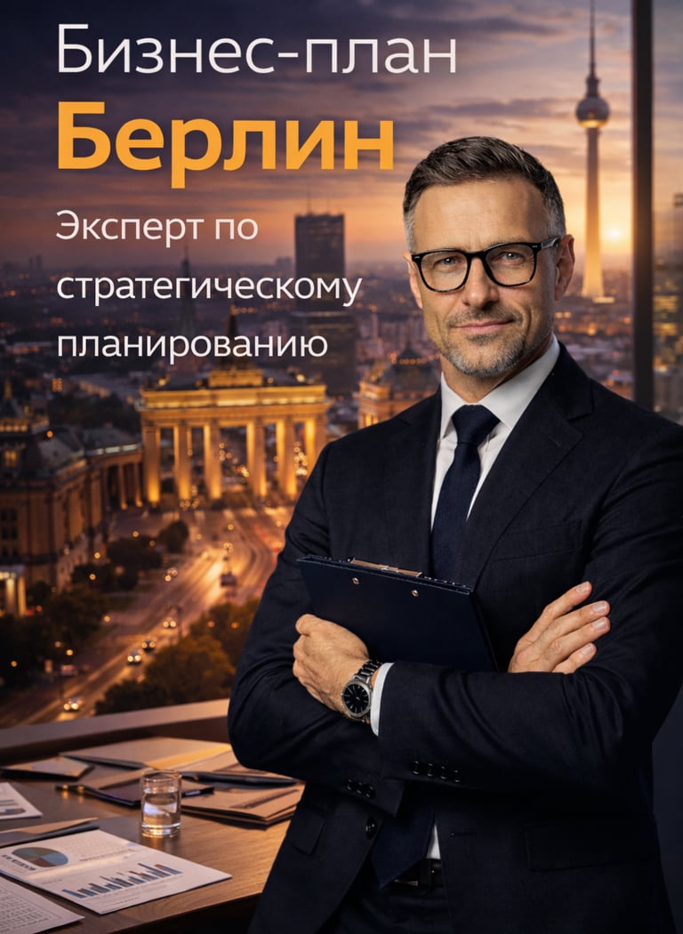 Эксперт по стратегическому бизнес-планированию на фоне вечернего Берлина.