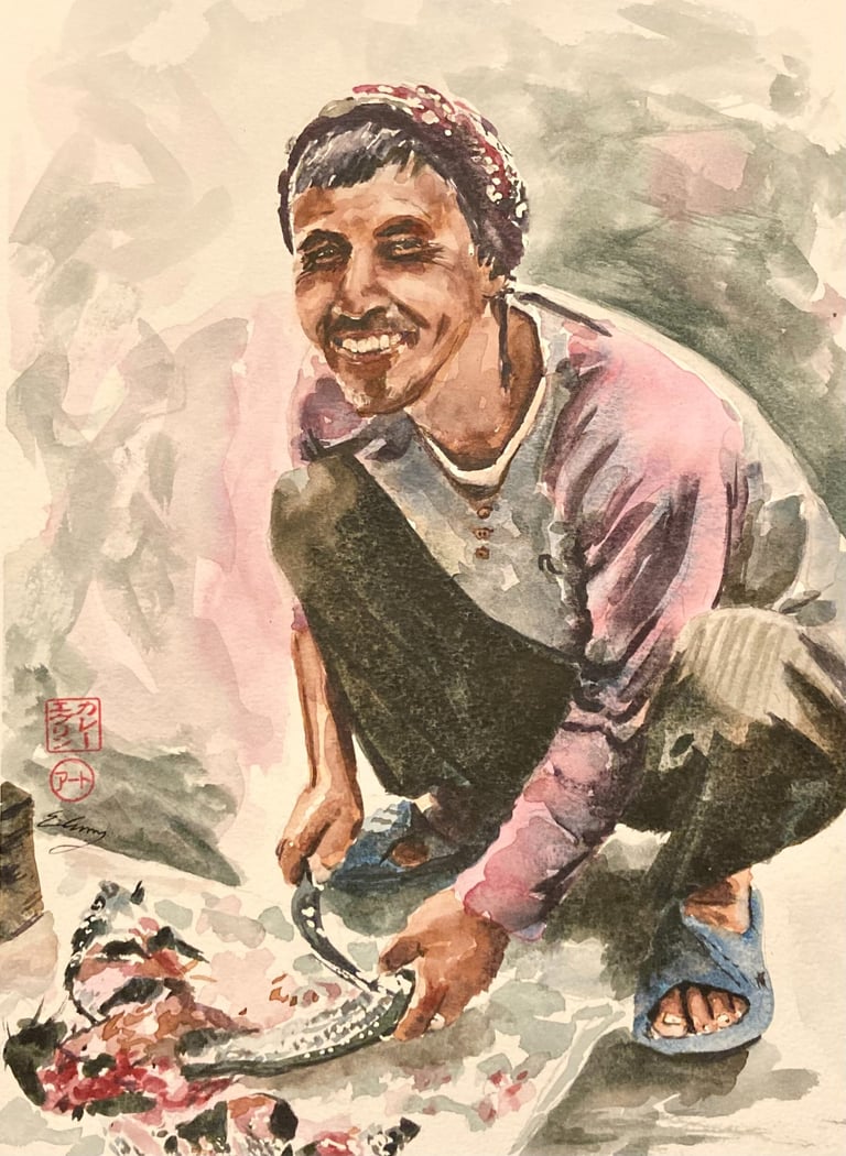original watercolor painting man smiling Nepal portrait 