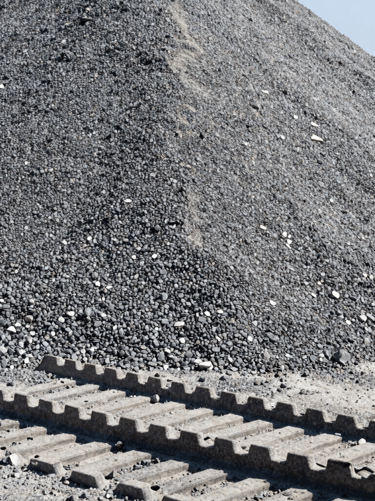 Close-up of raw gray gravel aggregates piled in a massive mound under direct sunlight, sharp focus on stone textures, heavy machinery tire tracks in the foreground, 35mm lens