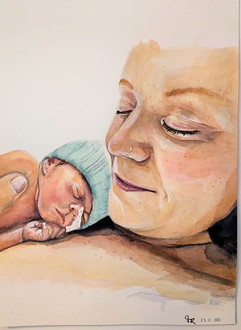 mama met premature baby in aquarel