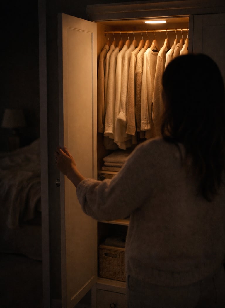 Woman standing in front of a glowing open closet in a dark bedroom, warm motion-sensor LED light ill