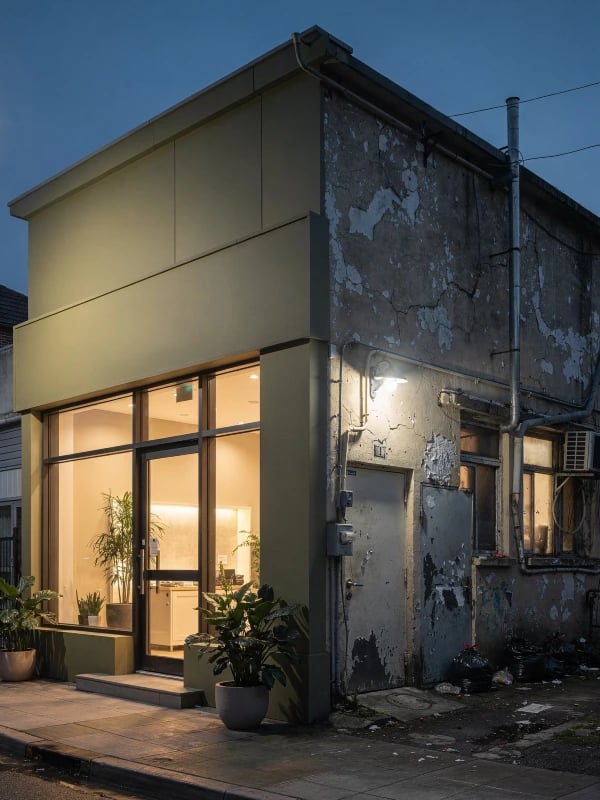 Modern commercial building with a clean, well-maintained front facade and a neglected, deteriorating rear exterior