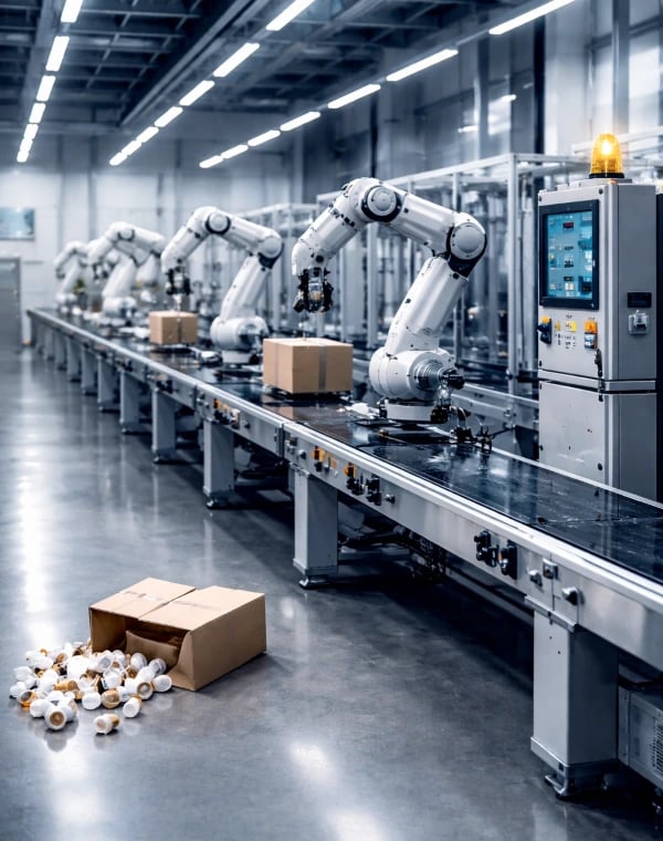 Automated production line with robotic arms and a fallen carton on the floor