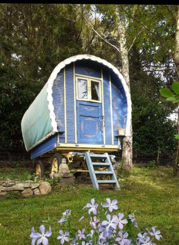 Colorful bow-top gypsy wagon with blue and yellow paint, garden roulotte with ladder entrance, Buddh
