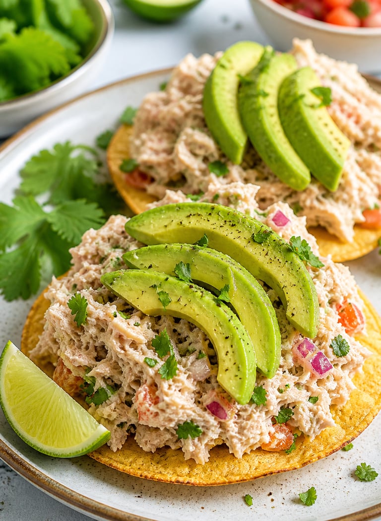 Tostadas crujientes con ensalada de atún y aguacate, desayuno mexicano saludable y alto en proteína