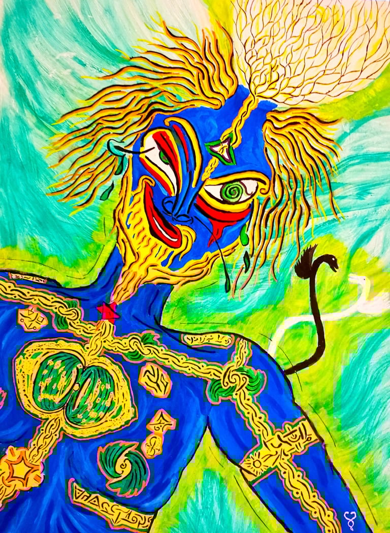 Watercolor on paper, the cosmic trickster