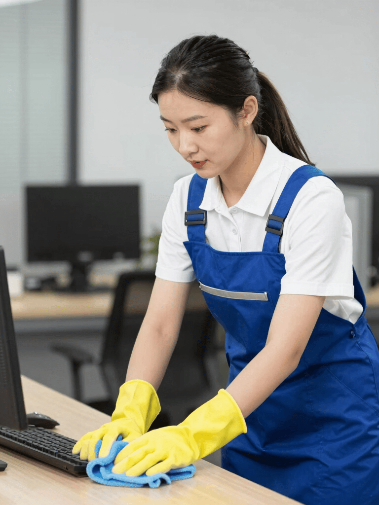 A professional cleaner in uniform carefully sanitizing an office desk in a modern corporate building in New Jersey.