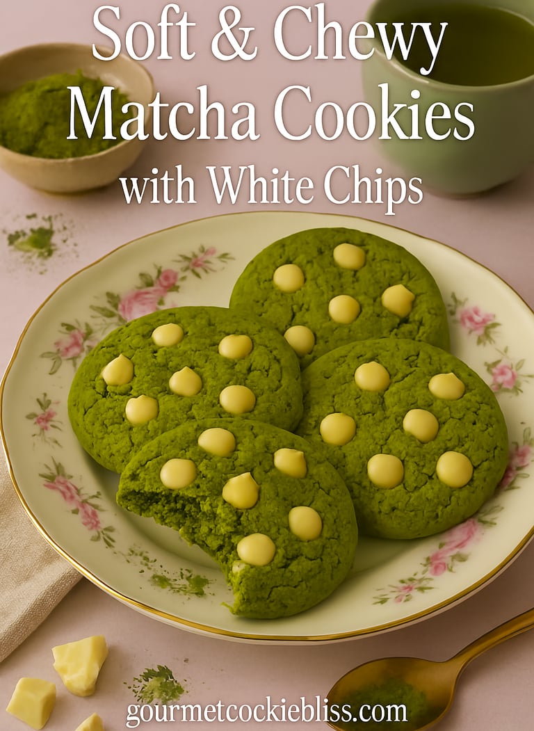 Soft and chewy matcha cookies with white chips