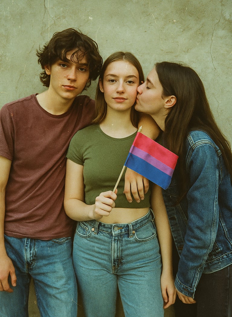 Photo illustration de deux filles et un garçon pour la journée de la bisexualité.
