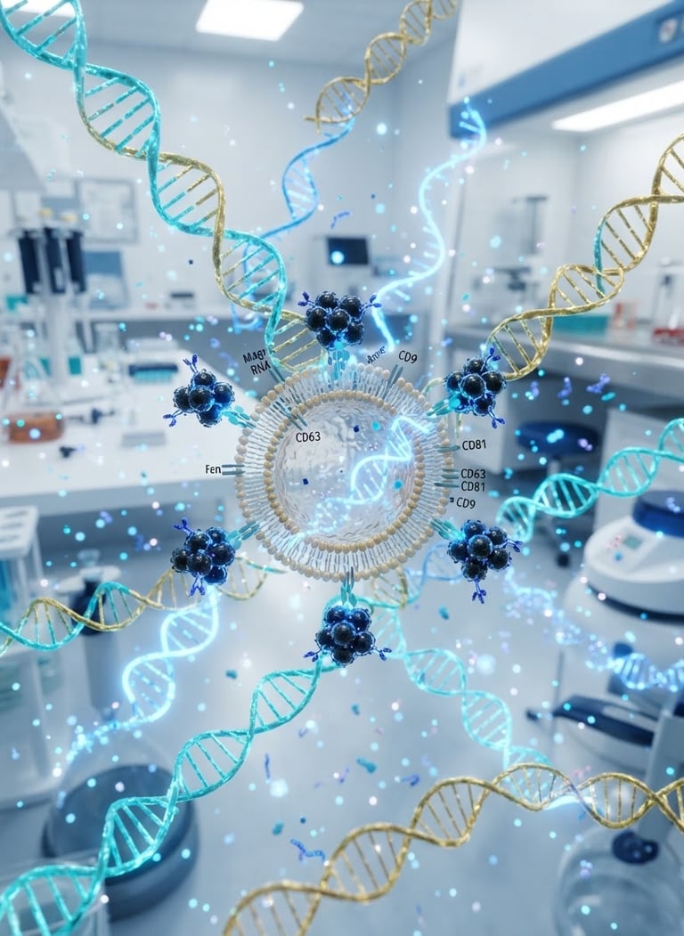 Detailed scientific illustration of magnetic nanoparticles binding specifically to urinary exosomes, with DNA helices and RNA strands intertwined, molecular network graphics, and blue glowing particles, all within a high-tech biotechnology laboratory atmosphere.