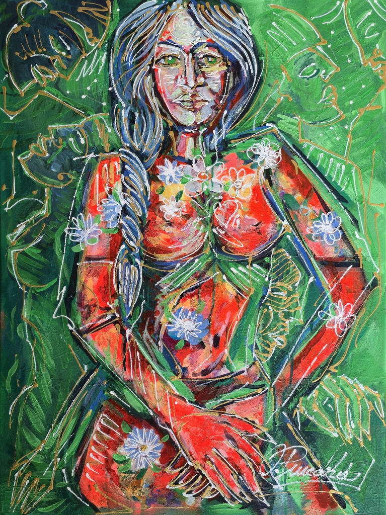 Figurative Leinwand mit grünem Feld, roten Hauttönen und weißen Linien; Blüten auf der Figur.