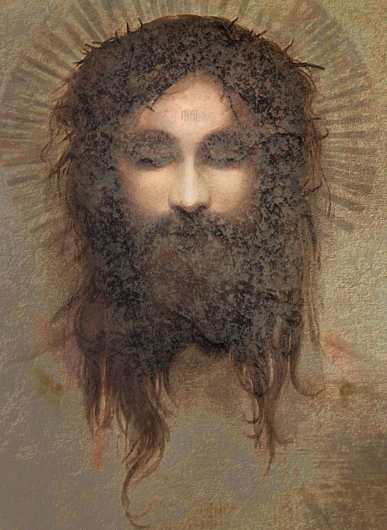 Faith inspired art by Martin Osner of Christ with crown of thorns, symbolising sacrifice, grace and redemption