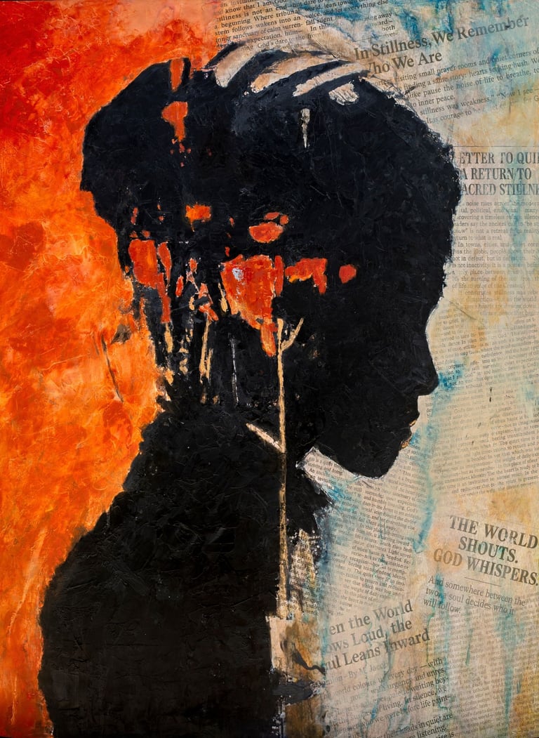 Faith inspired art by Martin Osner titled Be Still, textured silhouette with script symbolising stillness and faith