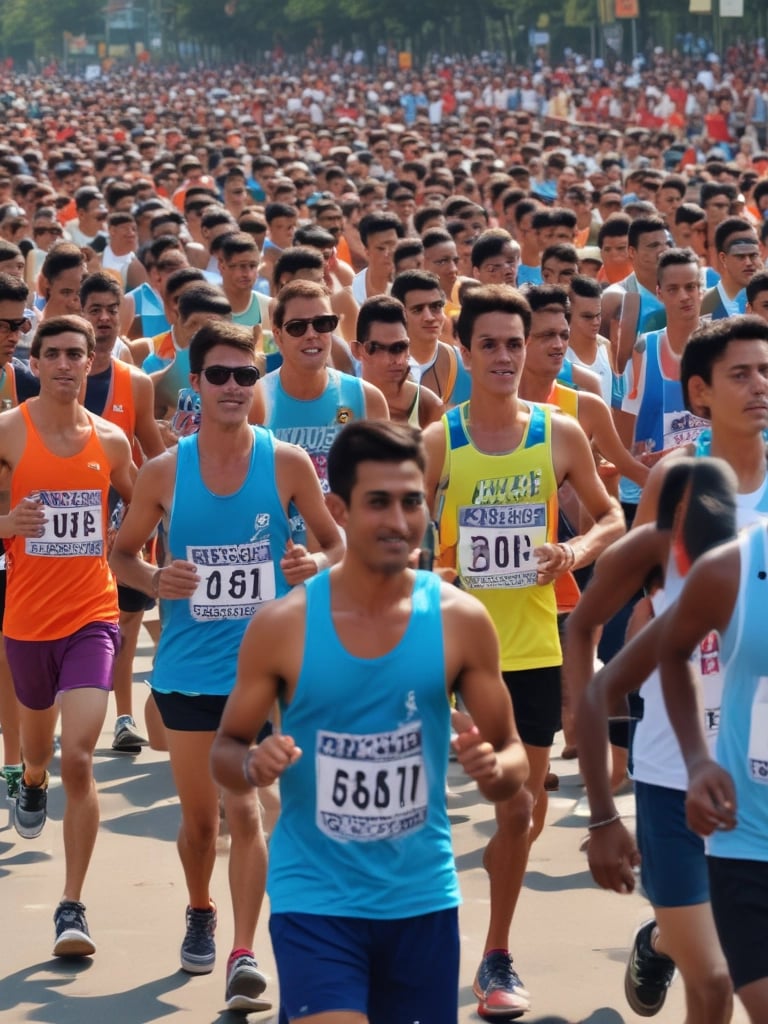a group of people running in a marathon wearing printed singlet