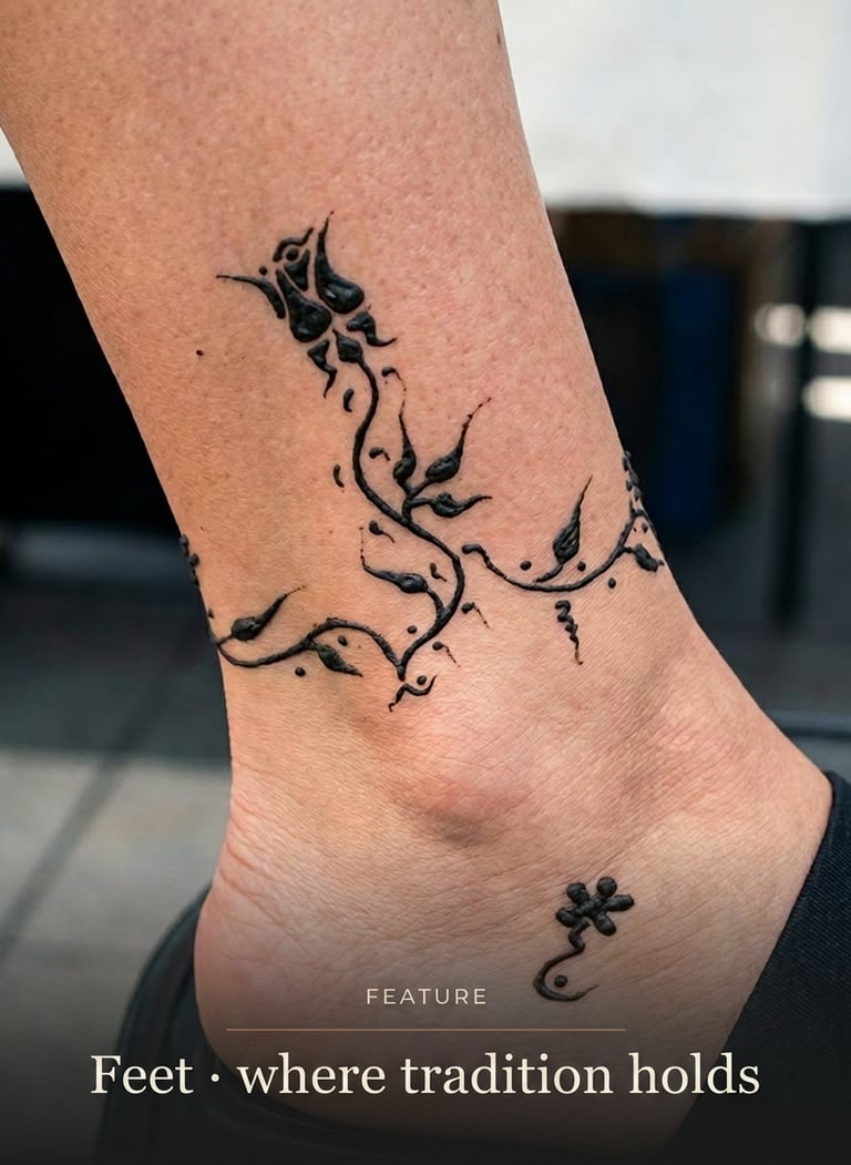 A detailed black henna floral anklet tattoo design on a person's ankle.